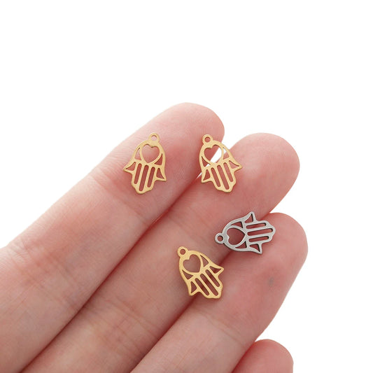 10pcs Stainless Steel Hamsa Hand Of Fatima Pendants Hollow Love Palm Small Charms Pendant For Necklace Earrings Jewelry Making